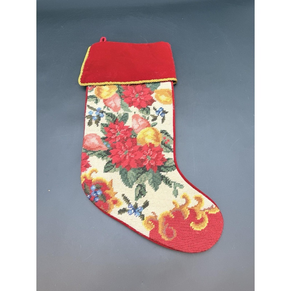 Vintage Handmade Wool Needlepoint ELEGANT FLORAL Christmas Stocking 18" long